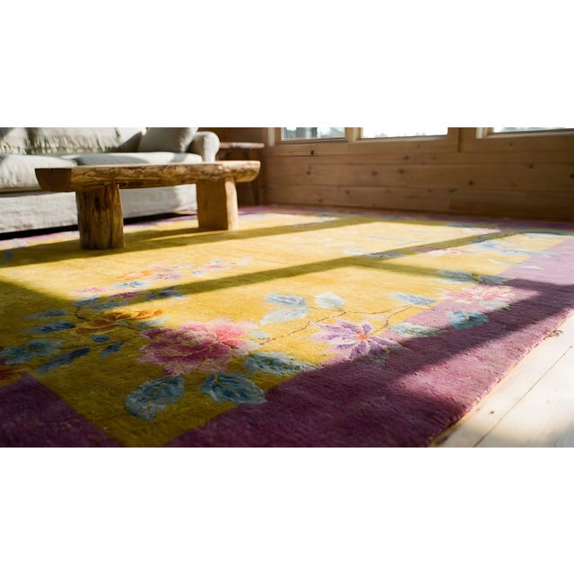1920s Yellow Canary Floral Antique Chinese Art Deco Carpet 8' 10'' X 11' 4'' Knotted Wool Rug For Sale - Image 13 of 15