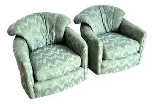 Postmodern Turquoise Fabric Swivel Lounge Chairs - A Pair