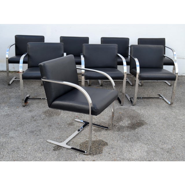 Set 8 Attributed to Mies Van Der Rohe for Knoll Stainless Steel Brno Chairs Black Leather 1977 For Sale In Miami - Image 6 of 18