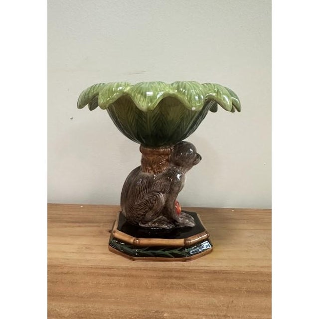 Vintage Majolica Style Ceramic Monkey Pedestal Bowl For Sale - Image 4 of 6