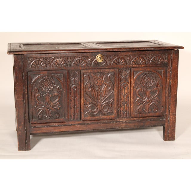 Baroque Antique Tudor Style Carved Oak Trunk For Sale - Image 3 of 12