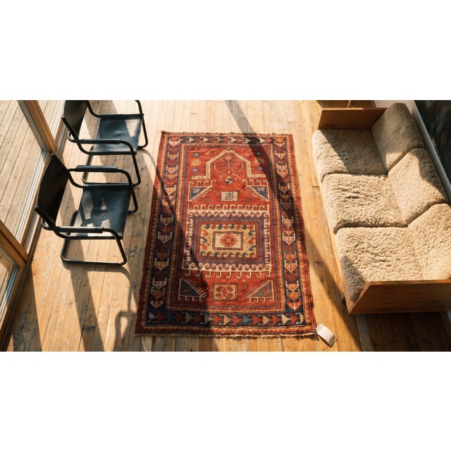 1870s Red Geometric Tribal Antique Caucasian Kazak Prayer Rug 3' X 4'9" Handknotted Wool Carpet For Sale - Image 9 of 10