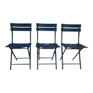 French Bistro Patio Garden Folding Chair Blue Metal Set of 3 For Sale
