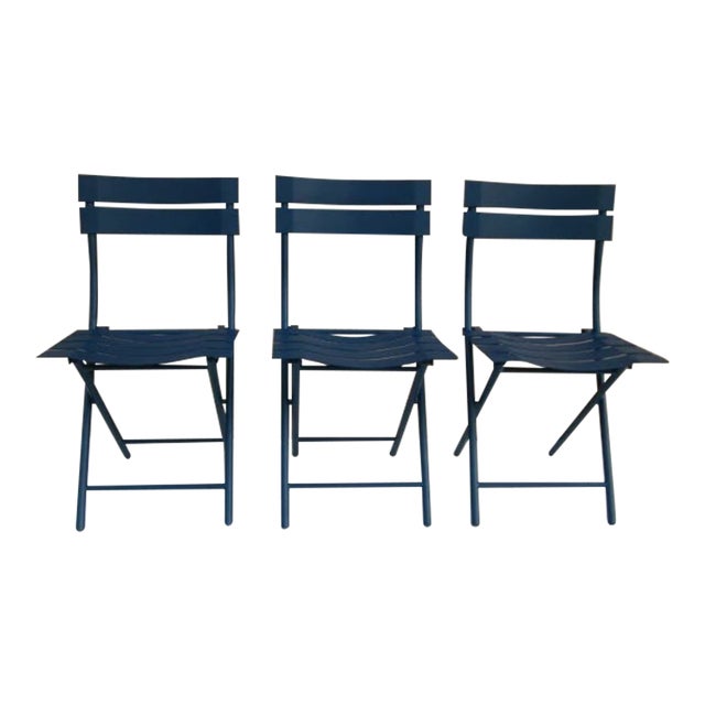 French Bistro Patio Garden Folding Chair Blue Metal Set of 3 For Sale