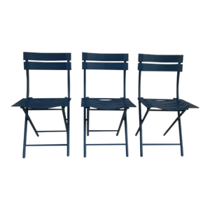French Bistro Patio Garden Folding Chair Blue Metal Set of 3
