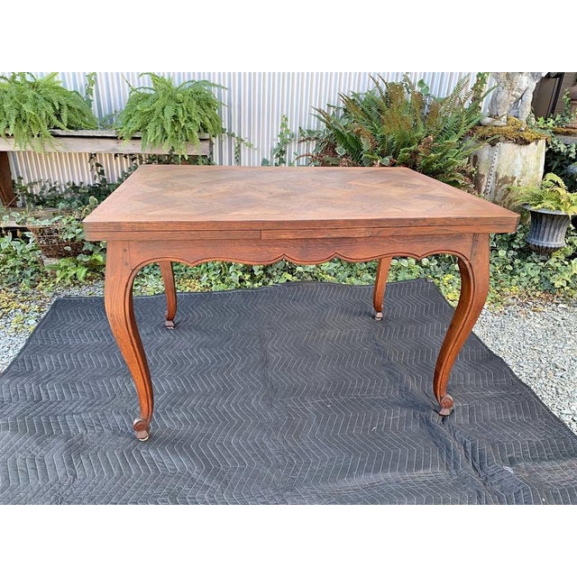1920s French Provincial Oak Parquet Draw Leaf Dining Table For Sale - Image 11 of 11