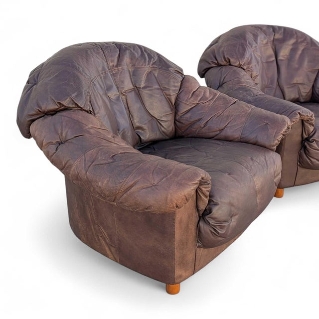 Late 20th Century Slouchy Overstuffed Leather Lounge Chairs in Chocolate Brown - Pair For Sale In Los Angeles - Image 6 of 18