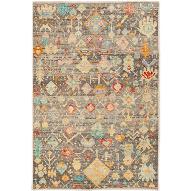 Modern Boho Gray Moroccan Style Handmade Multicolor Pattern Wool Rug For Sale - Image 10 of 10