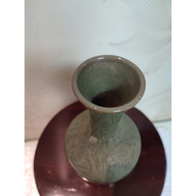 Chinese Ceramic Vase Yaozhou Ware Celadon Vase Hand Carved Flowers Pattern For Sale - Image 4 of 12