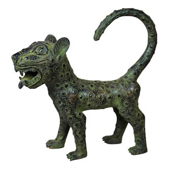 Large Bronze Leopard Sculpture, Benin For Sale