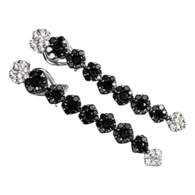 Mid 20th Century Pair of 18k White Gold Black Diamond Floral Chandelier Earrings For Sale