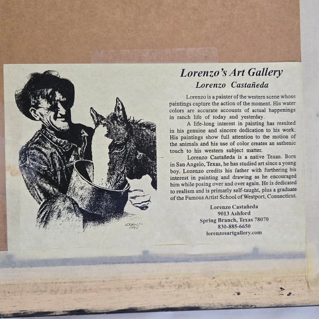 Lorenzo Castñeda 2010 "La Fiesta" Framed Watercolor 23"h X 19"w Beautiful Colorful Western Piece For Sale - Image 11 of 13