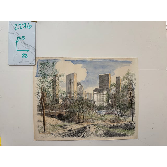 Sky Blue Vintage Signed S. Finkelstein Central Park New York City Skyline Mixed Media Drawing For Sale - Image 8 of 8