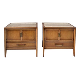Pair of 1962 Drexel Meridian Travertine Top Nightstands For Sale