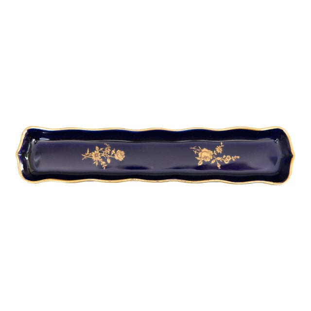 Vintage French Limoges Cobalt Blue Gilt Floral Porcelain Pen Tray For Sale