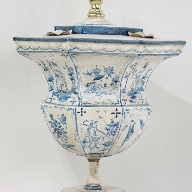 Pair of Vintage Hand-Painted Dutch Blue and White Tile-Style Metal Table Lamp - Octagonal Urn With Pastoral Scenes For Sale - Image 10 of 16