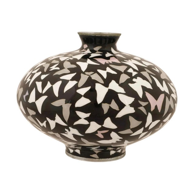 Black Signed Japanese Cloisonne Enamel Black Ground Butterfly Vase For Sale - Image 8 of 8