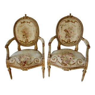 French Louis XVI Carved Giltwood Gold Leaf Armchairs With Aubusson Tapestry Upholstery Circa 1760's - A Pair For Sale