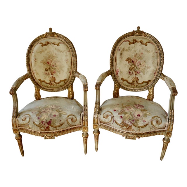 French Louis XVI Carved Giltwood Gold Leaf Armchairs With Aubusson Tapestry Upholstery Circa 1760's - A Pair For Sale