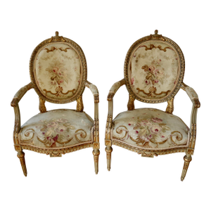 French Louis XVI Carved Giltwood Gold Leaf Armchairs With Aubusson Tapestry Upholstery Circa 1760's - A Pair