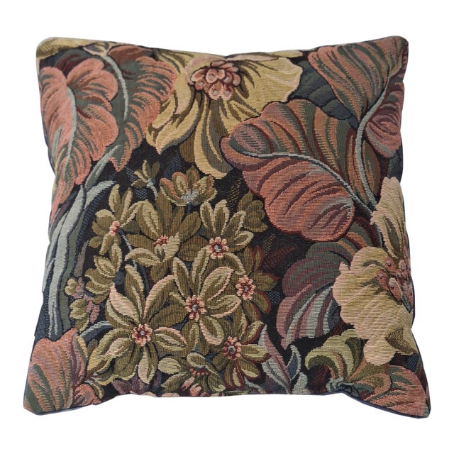 Vintage Floral Tapestry & Blue Velvet Reversible Lumbar Pillow- 19x13 For Sale