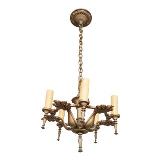 Mid 20th Century Rewired Ornate Pot Metal & Brass 5 Arm Chandelier For Sale