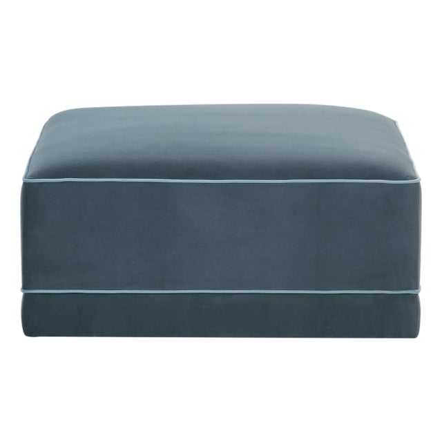 Willow Misty Blue with Pale Blue Piping Performance Velvet Ottoman For Sale