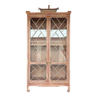 Vintage Pagoda Chinoiserie China Cabinet by Tomlinson - Oversized Hollywood Regency Lighted Glass Display Hutch - Brushed Rose Wood For Sale