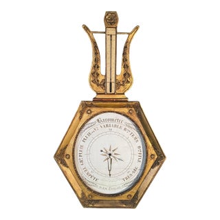 Antique French Charles X Giltwood Lyre Barometer and Thermometer, Binda, Verdun For Sale