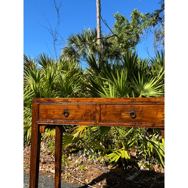 Antique Chinese Ming Style Solid Elm Writing Desk or Console Table With Original Ring Pulls For Sale In Tampa - Image 6 of 6