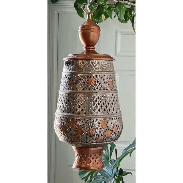 Vintage Silver Copper Toned Floral Perforated Metal Urn Pendant Lamp For Sale - Image 4 of 13