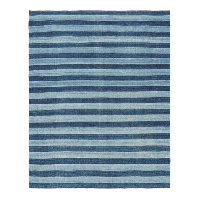 Rug & Kilim's Contemporary Dhurrie Rug in Blue Geometric Stripes - 5x8 For Sale