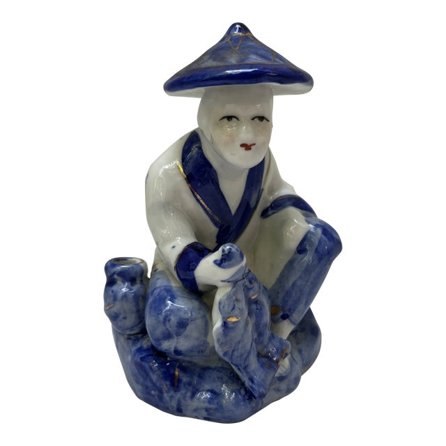 Chinese Blue and White Porcelain Fisherman Statue For Sale