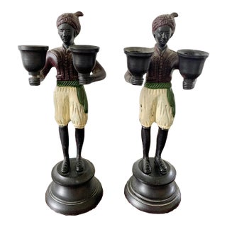 Pair of Vintage Painted Cast-Iron Figurative Double Candleholders For Sale
