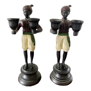 Vintage Figurative Cast Bronze Candle Holders, Pair