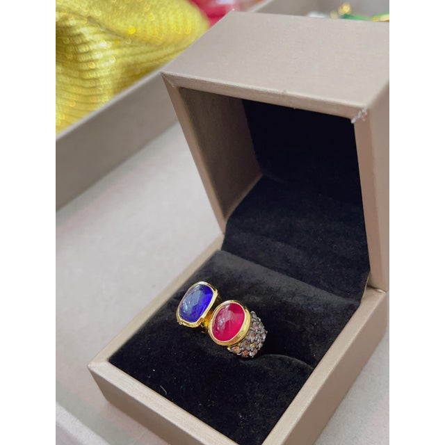 Early 21st Century Bochic "Orient" Ruby & Blue Opal Vintage 2 Gem Ring Set 18K & Silver For Sale - Image 5 of 18