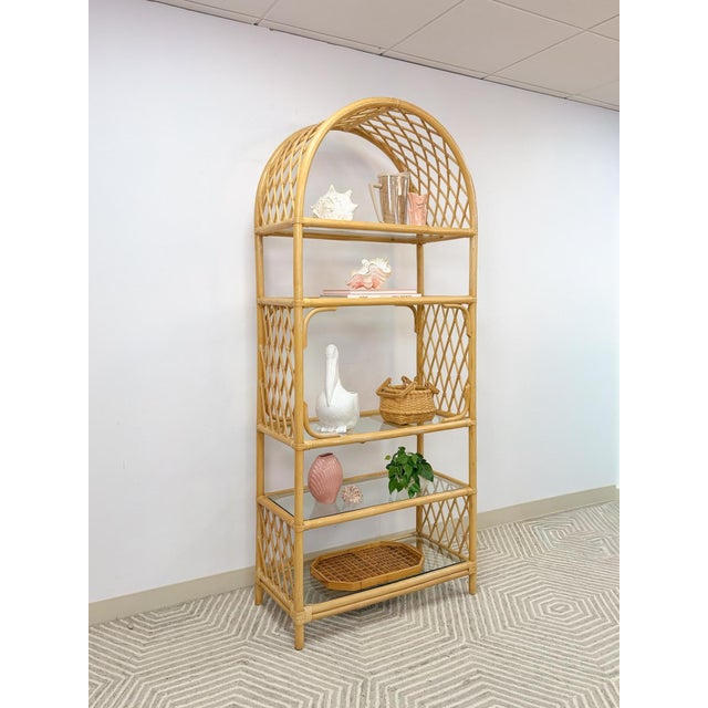 Beige Vintage Arched Rattan Wicker Bamboo Shelf Hollywood Regency Coastal 5 Shelves For Sale - Image 8 of 15