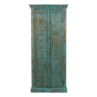 Antique Indian Carved Armoire | Turquoise Cabinet With Brass Stud Accents 80 For Sale