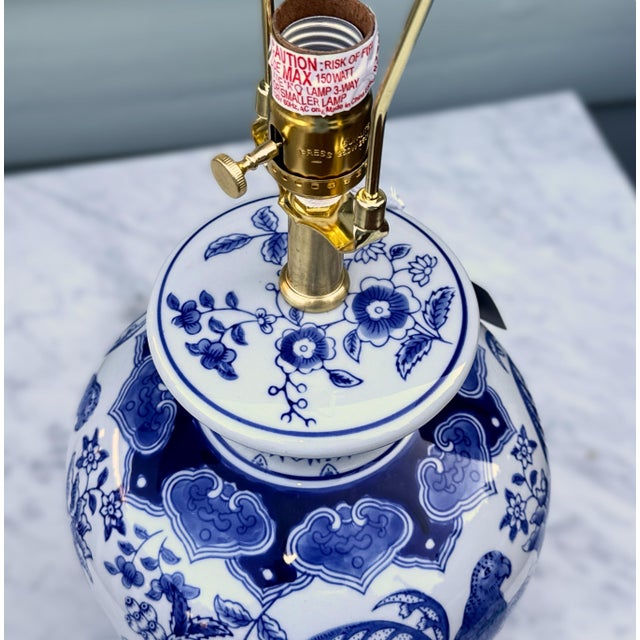 Large Blue & White Ginger Jar Lamp With Silk Shade - 32" For Sale In New York - Image 6 of 8