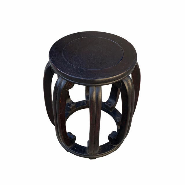 2010s Chinese Oriental Dark Brown Wood Craw Barrel Shape Stool For Sale - Image 5 of 5