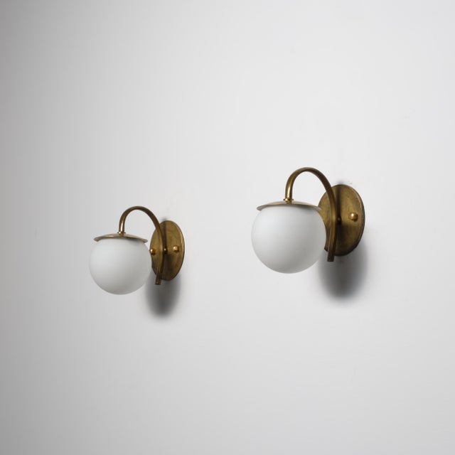 Metal Vintage Italian Wall Sconces in Brass and Opaline Glass, 1950s, Set of 2 For Sale - Image 7 of 10