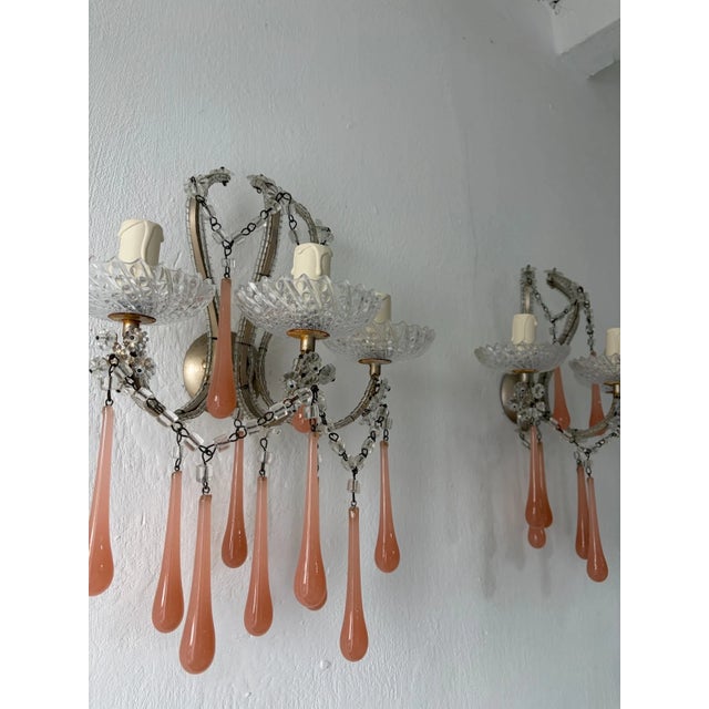 Maison Bagues Style Beaded Murano Pink Opaline Drops Sconces Rare C 1920 For Sale - Image 12 of 12