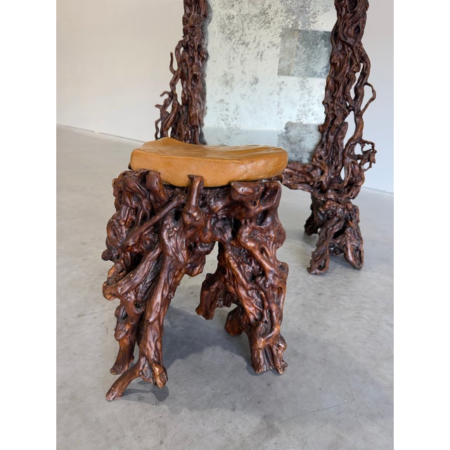 Vintage Freestanding Floor Mirror in Sculpted Tree Root Burl Frame With Stool For Sale - Image 10 of 12