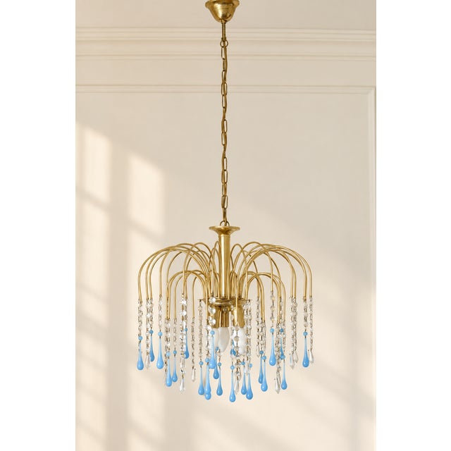 Vintage Chandelier with Blue Teardrop Crystals, 1970s, in Very Good conditions. Designed 1970 to 1979 Up to 250V...
