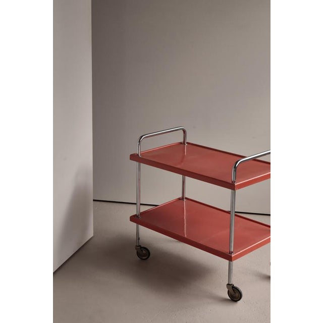 Functionalist Scandinavian Red Lacquered Steel Tube and Wood Serving Cart, 1930s For Sale - Image 17 of 18
