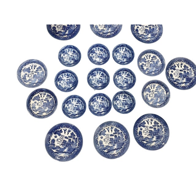 Vintage Blue and White Willow Pattern Decorative Set of 21 Plates Made in Japan For Sale - Image 12 of 12