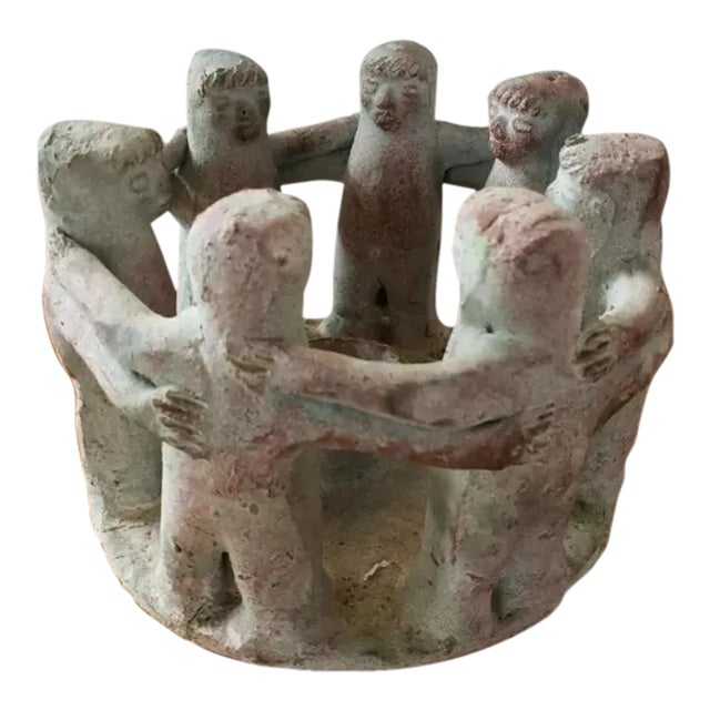 Vintage Large Terracotta Circle of 7 Friends Aztec/Mayan Candle Holder For Sale