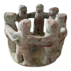 Vintage Large Terracotta Circle of 7 Friends Aztec/Mayan Candle Holder