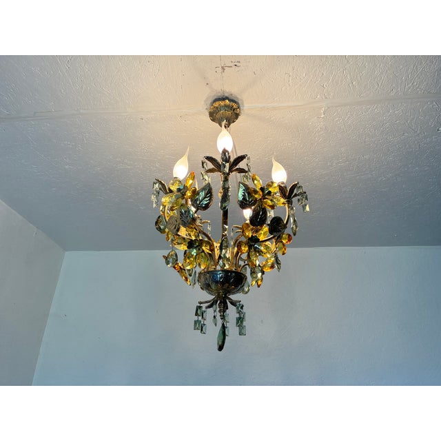 Vintage Hand-Painted Floral Crystal Chandelier | Amber & Green Glass Flowers | Classic Brass Ceiling Light | Restored Antique Lighting For Sale - Image 12 of 17