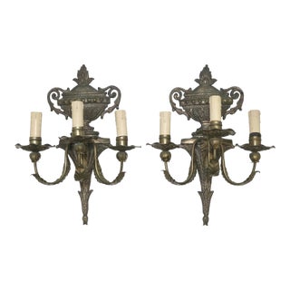 Mid 20th Century Italian Louis XVI Style Patinated Metal 3-Light Wall Sconces - a Pair For Sale